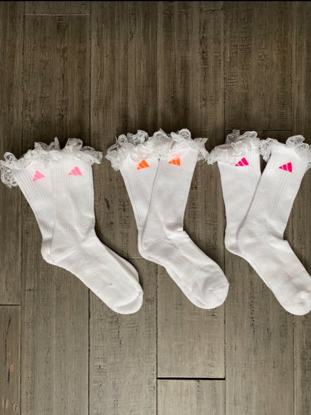 Pack of 3 Size Medium women’s Custom White Adidas Lace Ruffle Socks